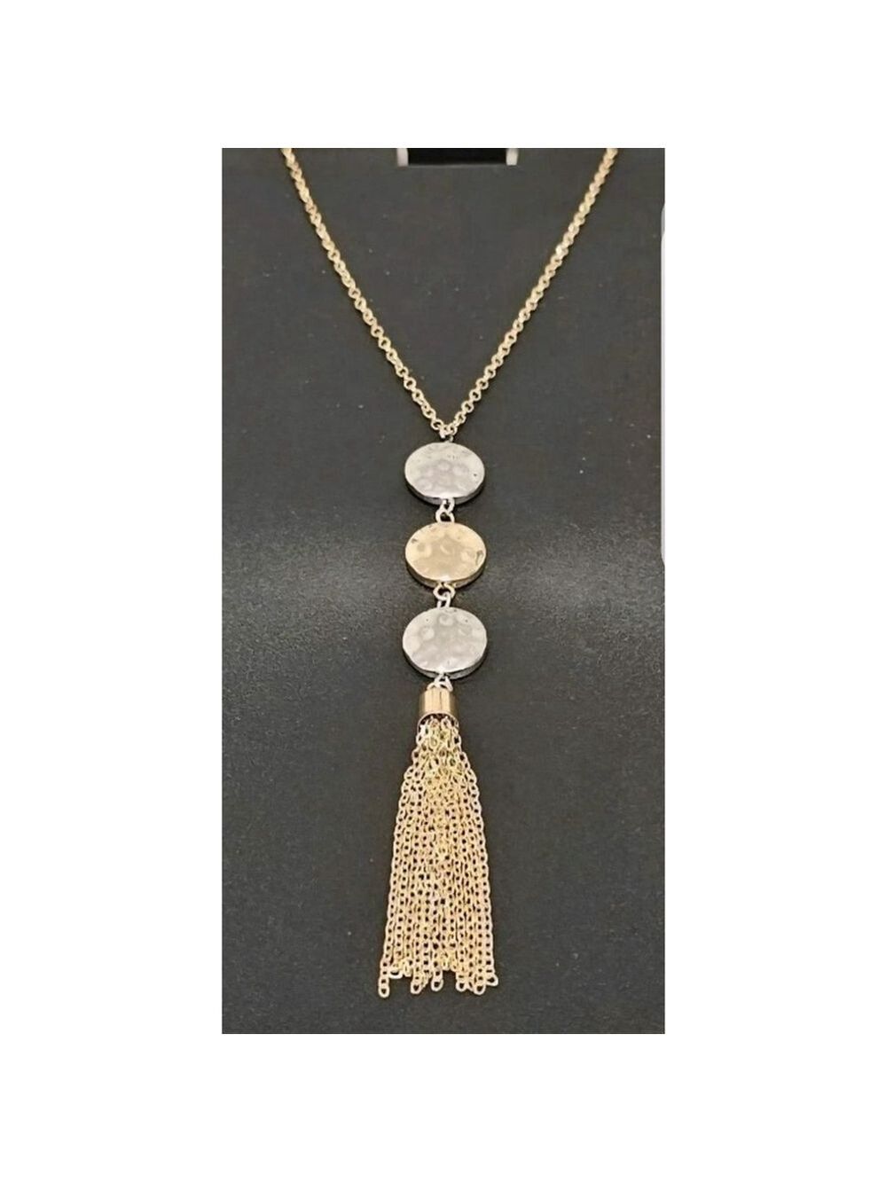 Banana Republic Gold & Silver Hammered Disc Tassel Necklace